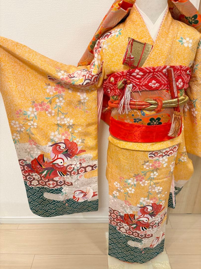 七五三 7歳祝い着 正絹 黄色 おしどり M2509025