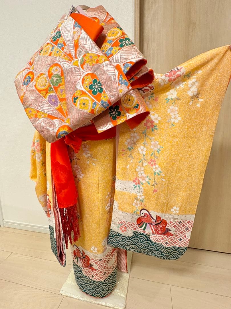 七五三 7歳祝い着 正絹 黄色 おしどり M2509025