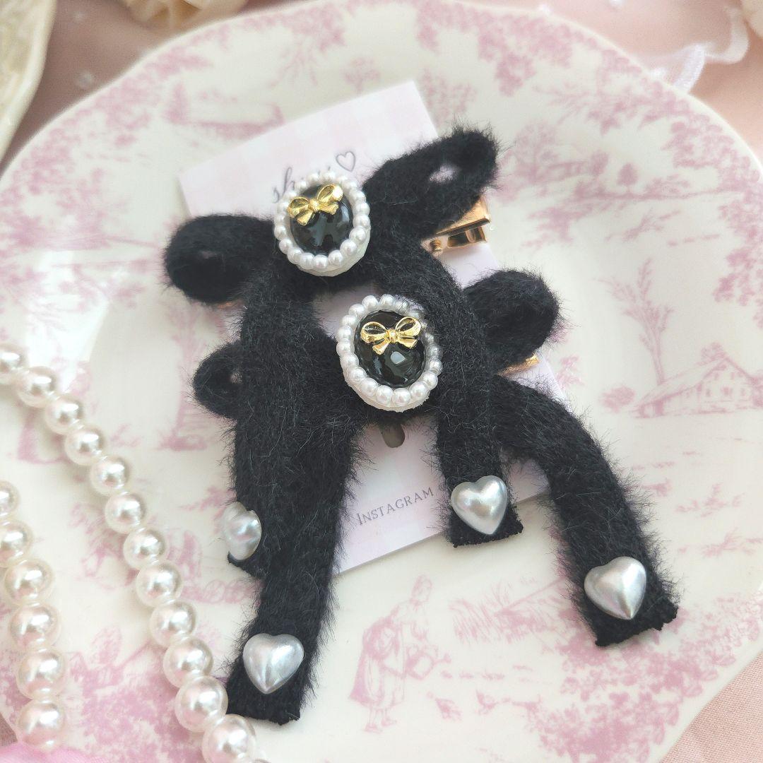 SALE♡handmade♡♡ふわふわリボンツインクリップ黒