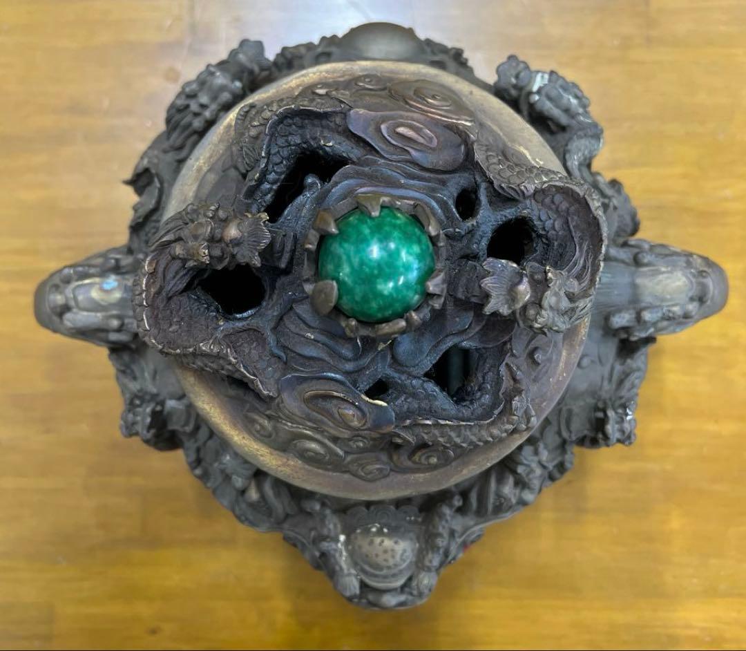 大明宣徳年製　龍香炉　三足　翡翠玉　香道具　中国