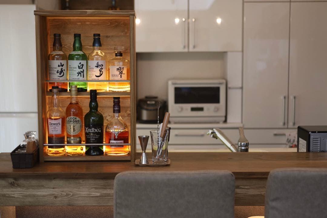 ウイスキーラック　シェルフ　LEDライト付き　ビンテージ　ハンドメイド