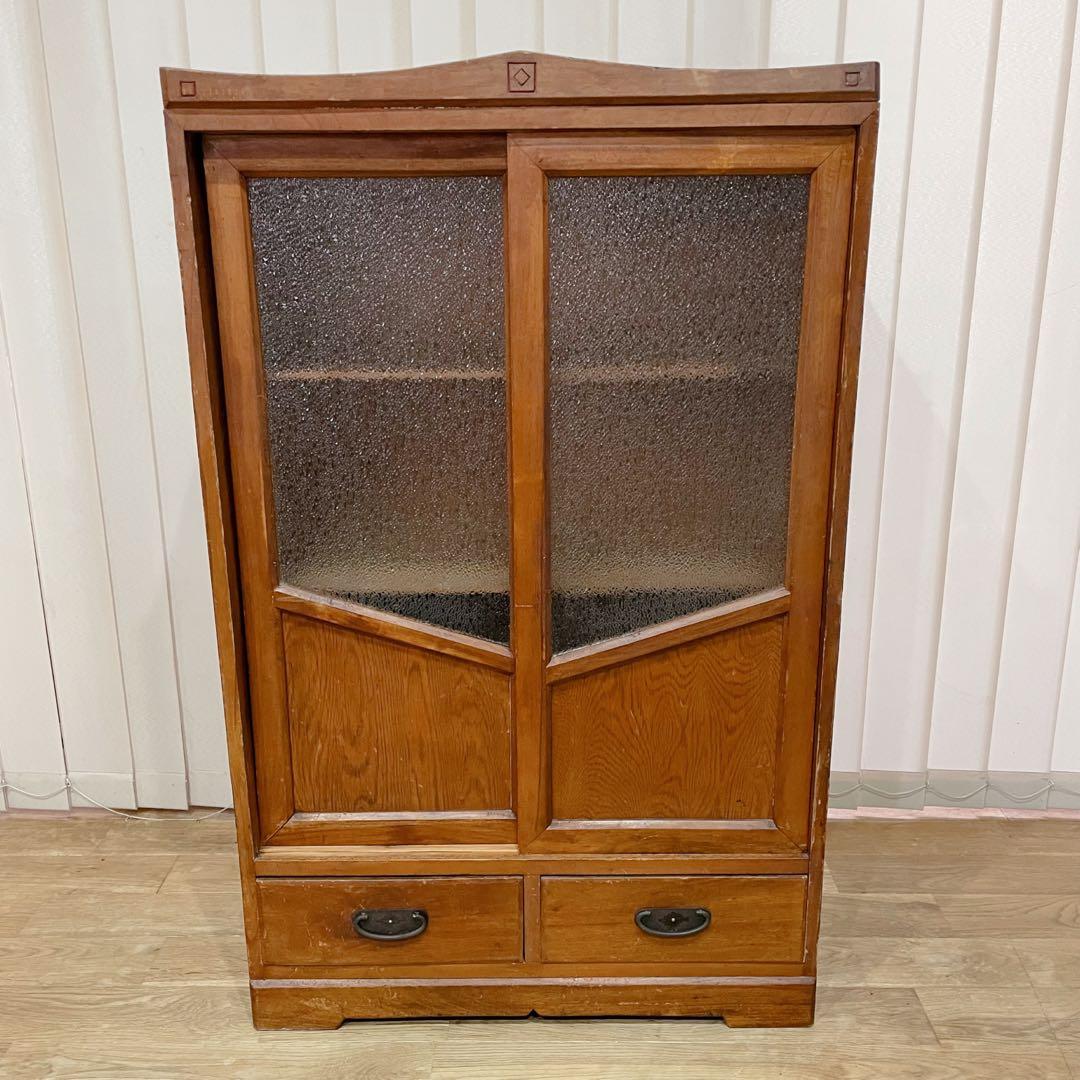 当時物　昭和レトロ　本棚　ガラス棚　ダイヤガラス　木製　アンティーク　無垢