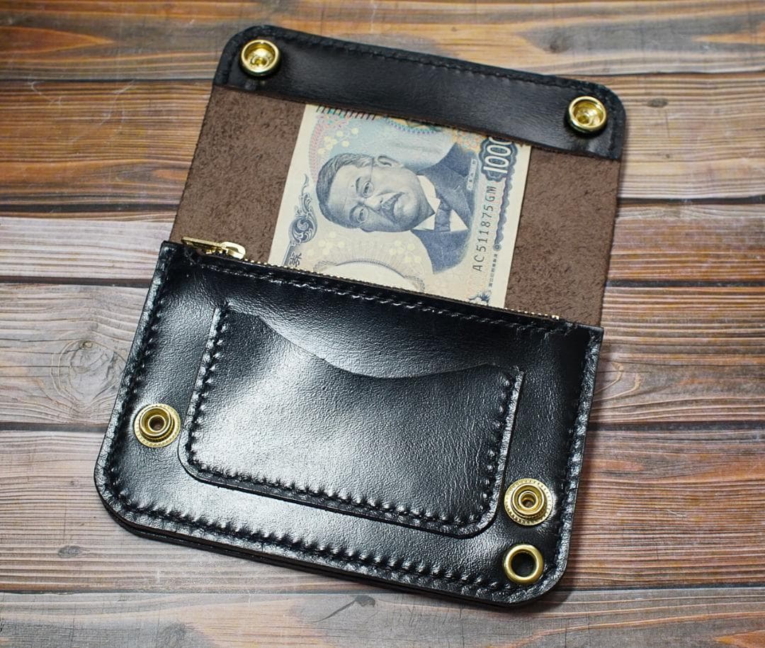 ミドルトラッカーウォレット 二層　馬革 茶芯ブラック　真鍮 トラッカーウォレット