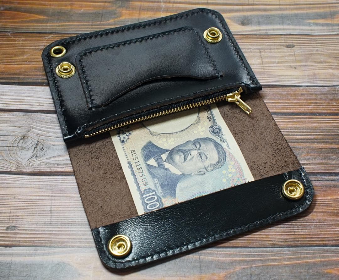 ミドルトラッカーウォレット 二層　馬革 茶芯ブラック　真鍮 トラッカーウォレット