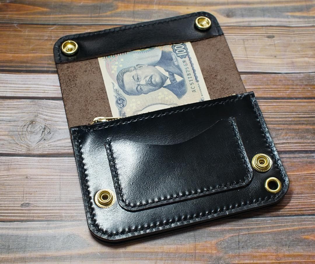 ミドルトラッカーウォレット 二層　馬革 茶芯ブラック　真鍮 トラッカーウォレット