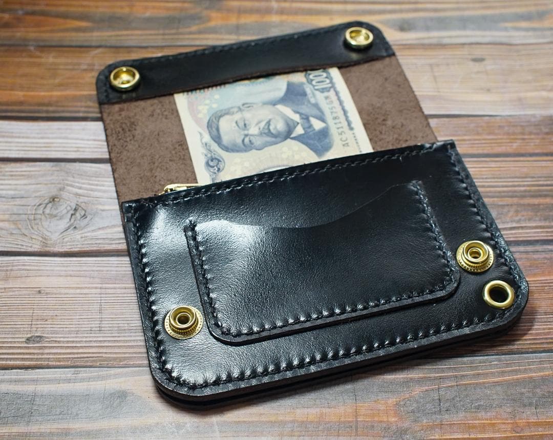 ミドルトラッカーウォレット 二層　馬革 茶芯ブラック　真鍮 トラッカーウォレット
