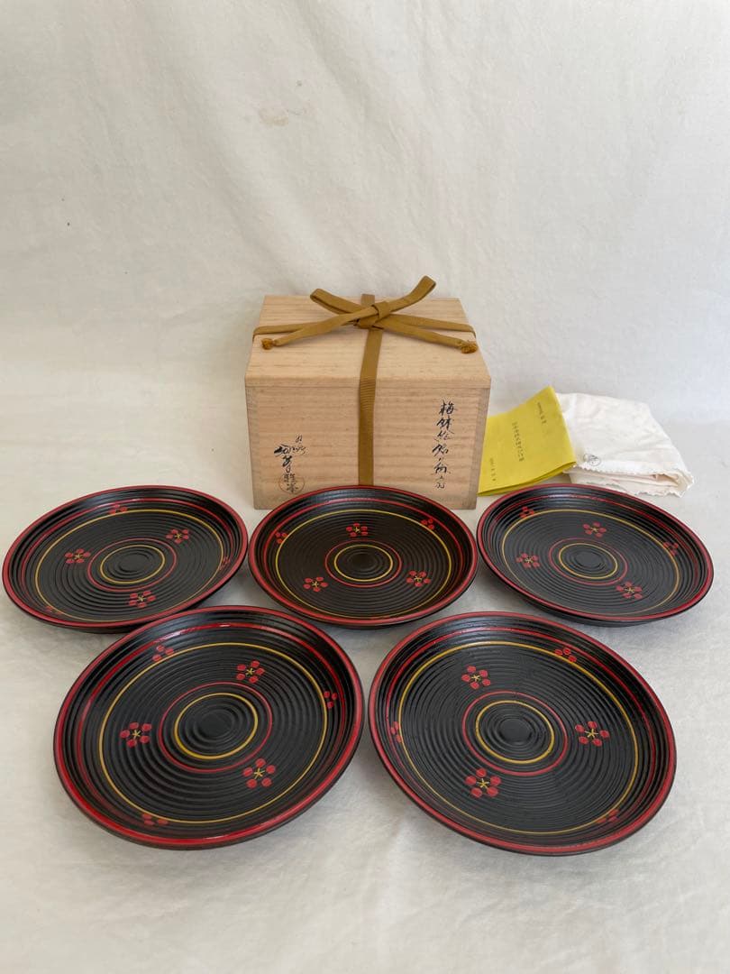 茶道具 漆器 菓子皿 山中塗 ⭐︎塗師 前端雅峯 梅鉢絵銘々盆 銘皿 5枚 共箱布