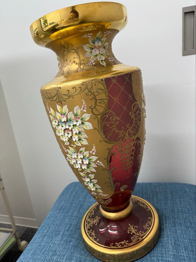 ベネチアングラス☆フラワーベース 金色＆レッド チェコスロバキア 50㌢