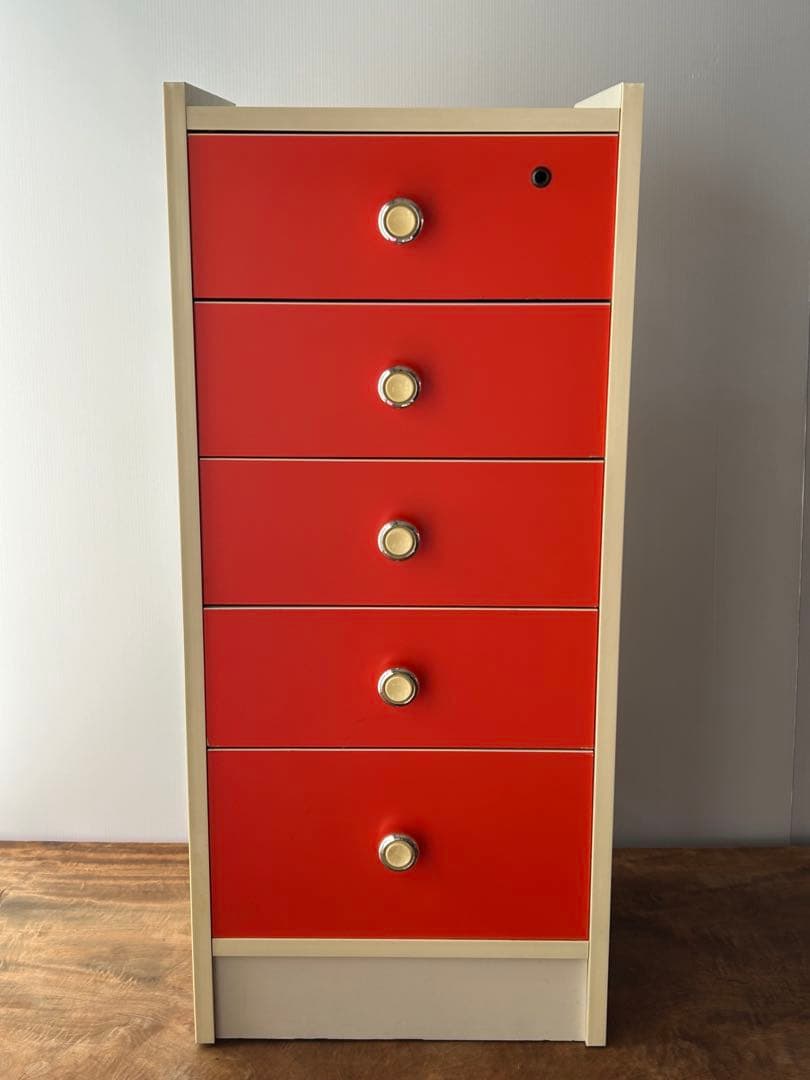 昭和レトロ　当時物　5段チェスト　引き出し　収納　オレンジ　レトロポップ　タンス