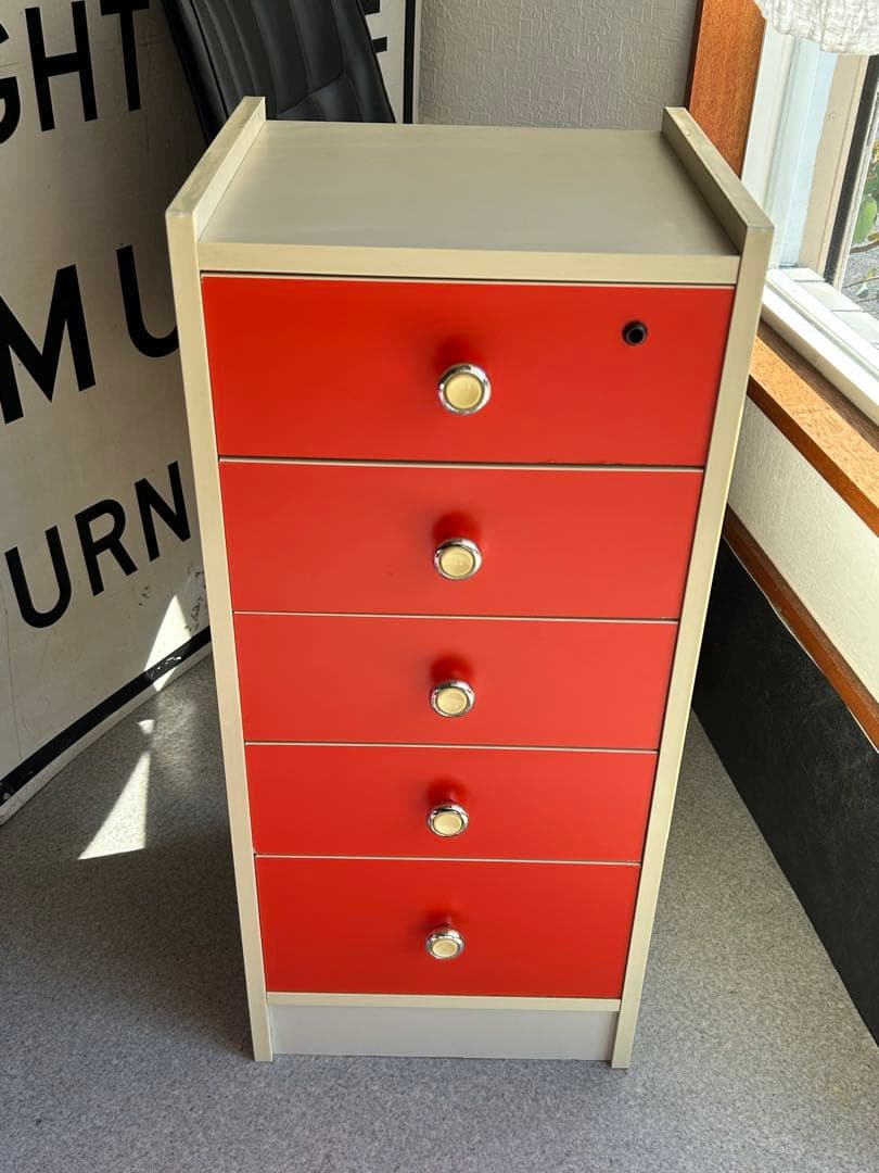 昭和レトロ　当時物　5段チェスト　引き出し　収納　オレンジ　レトロポップ　タンス