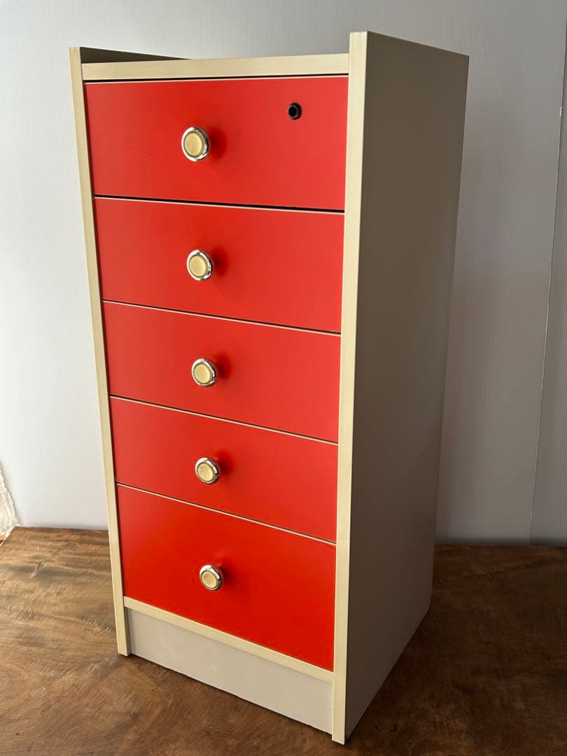昭和レトロ　当時物　5段チェスト　引き出し　収納　オレンジ　レトロポップ　タンス