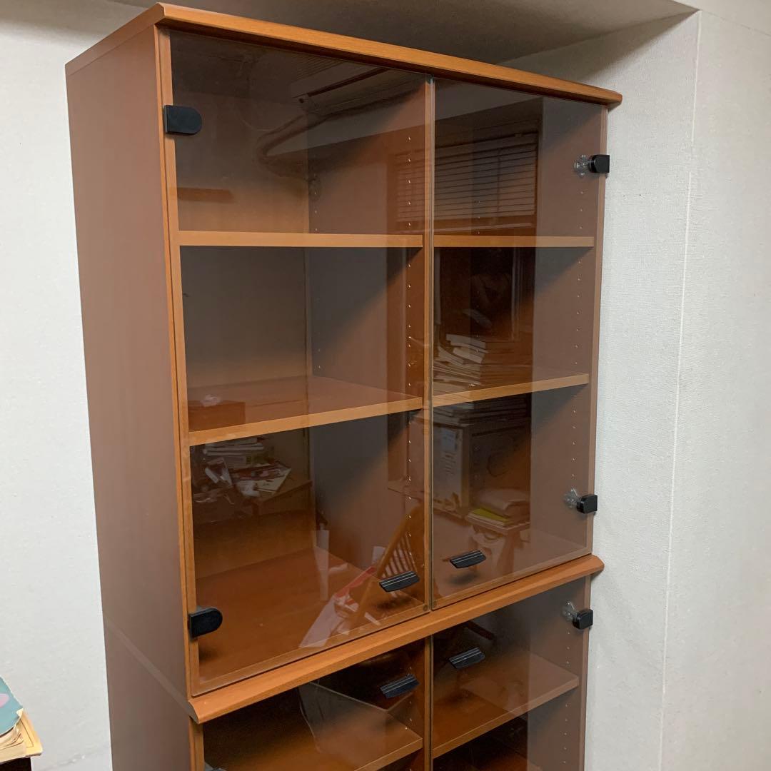 送料込　レトロなガラス扉付き本棚　180✖️85✖️35 可動棚　収納力大