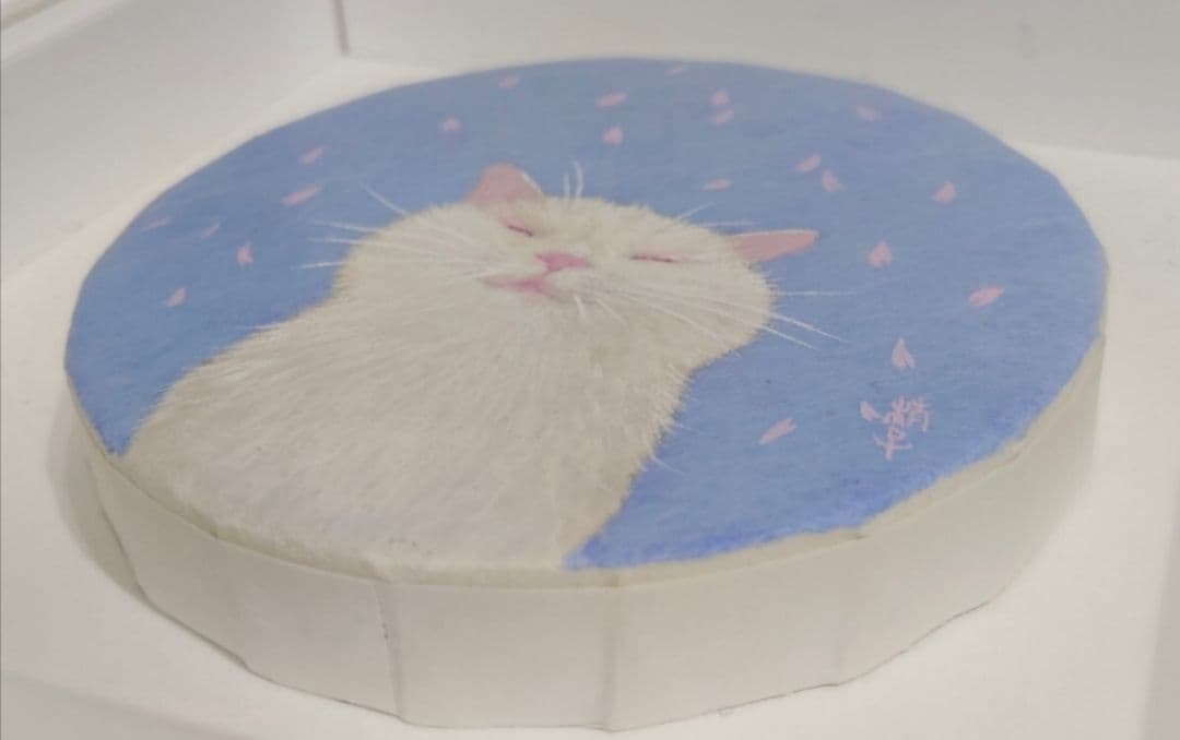 日本画家 伊藤清子 氏作 「さくらふぶき」 猫 ねこ 壁掛け 置型両用 和紙