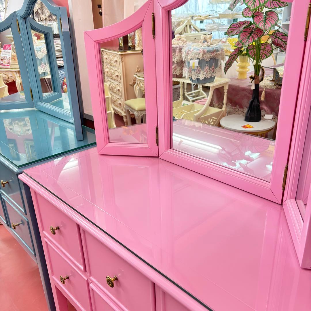 マホガニー材使用 グレーの木製ドレッサー 3面鏡付 高級 綺麗 開梱設置サービス