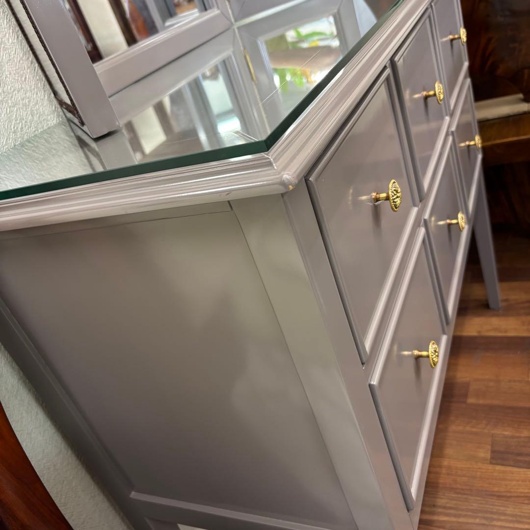 マホガニー材使用 グレーの木製ドレッサー 3面鏡付 高級 綺麗 開梱設置サービス