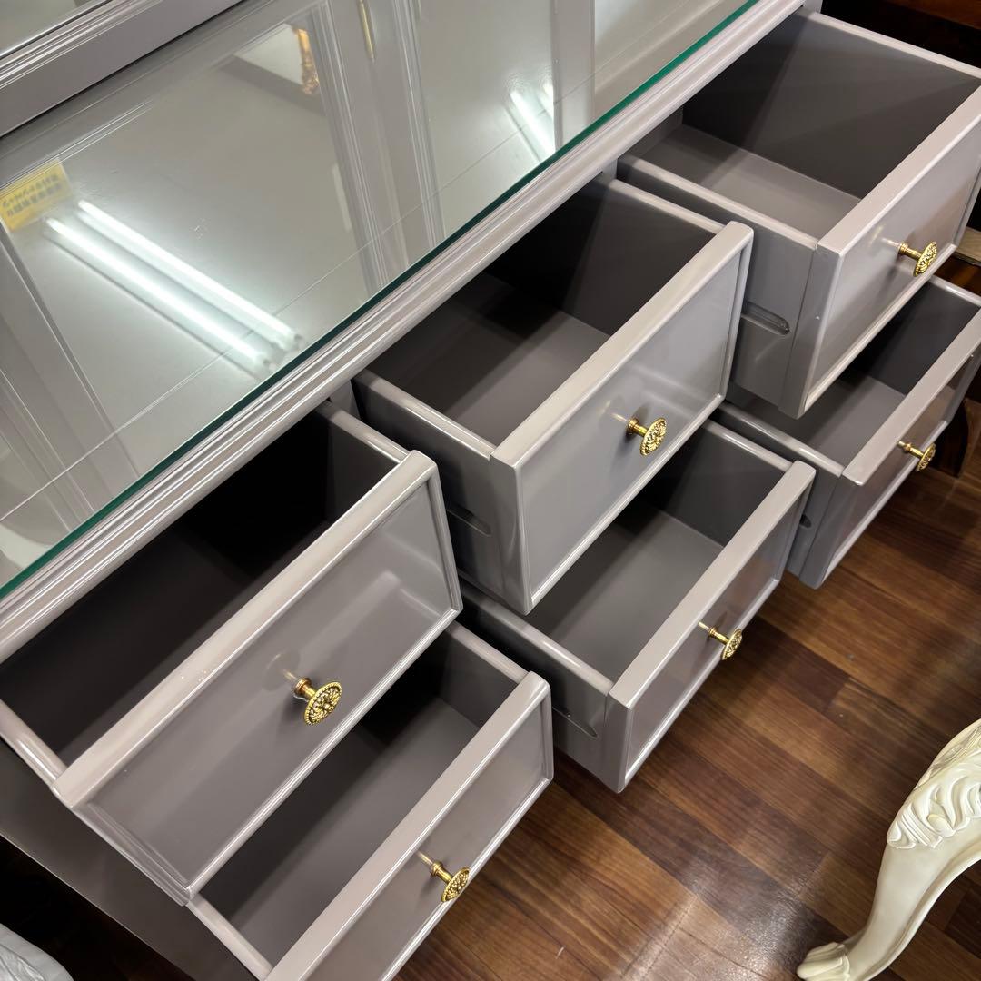 マホガニー材使用 グレーの木製ドレッサー 3面鏡付 高級 綺麗 開梱設置サービス