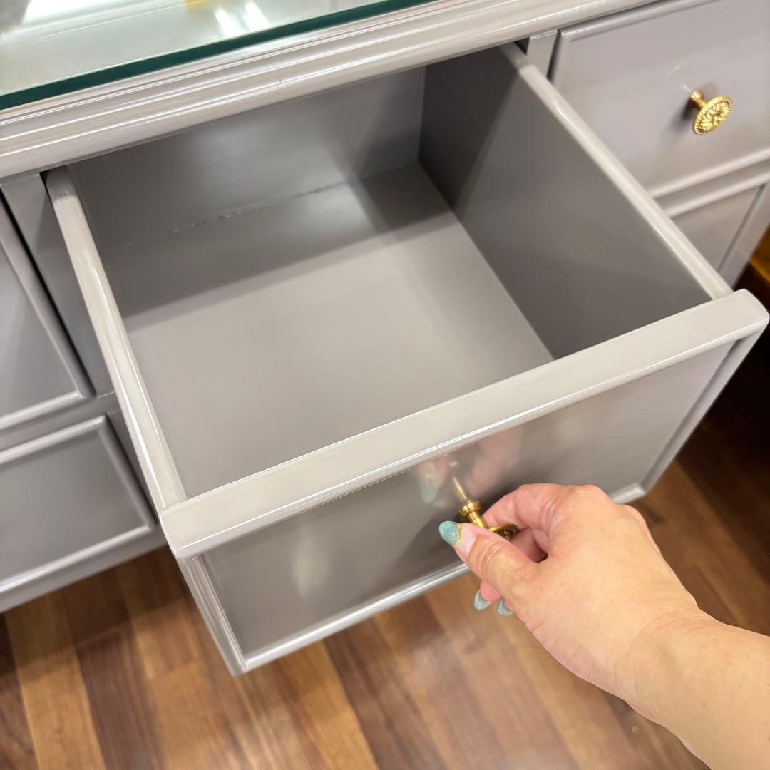 マホガニー材使用 グレーの木製ドレッサー 3面鏡付 高級 綺麗 開梱設置サービス