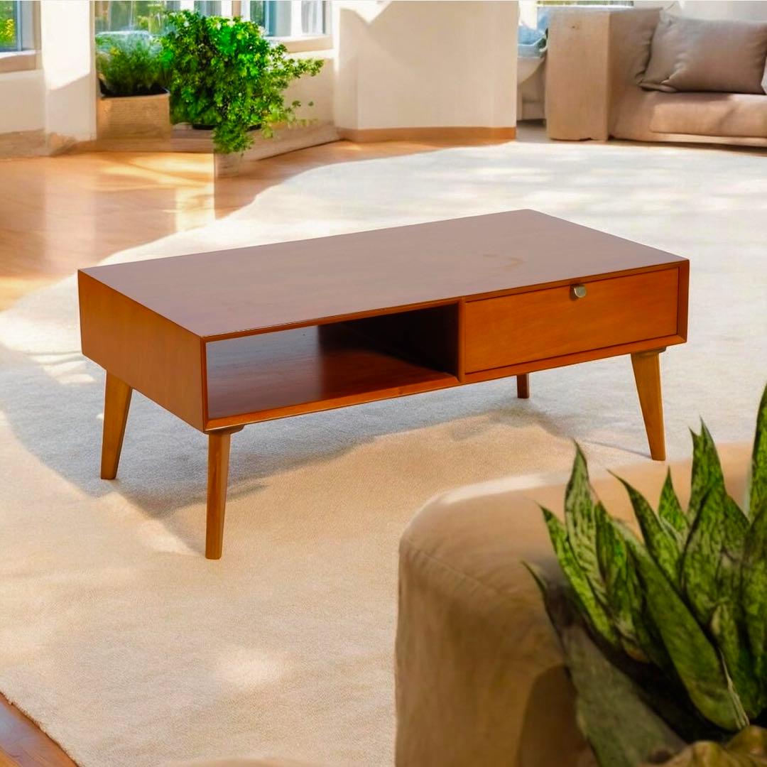 N 新品 北欧 センターテーブル ローテーブル 木製 机 座卓 引き出し 赤茶色