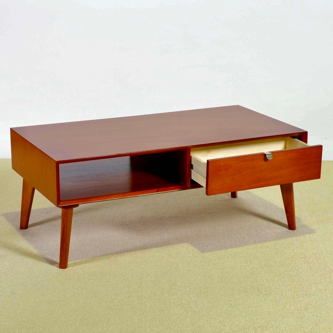 N 新品 北欧 センターテーブル ローテーブル 木製 机 座卓 引き出し 赤茶色