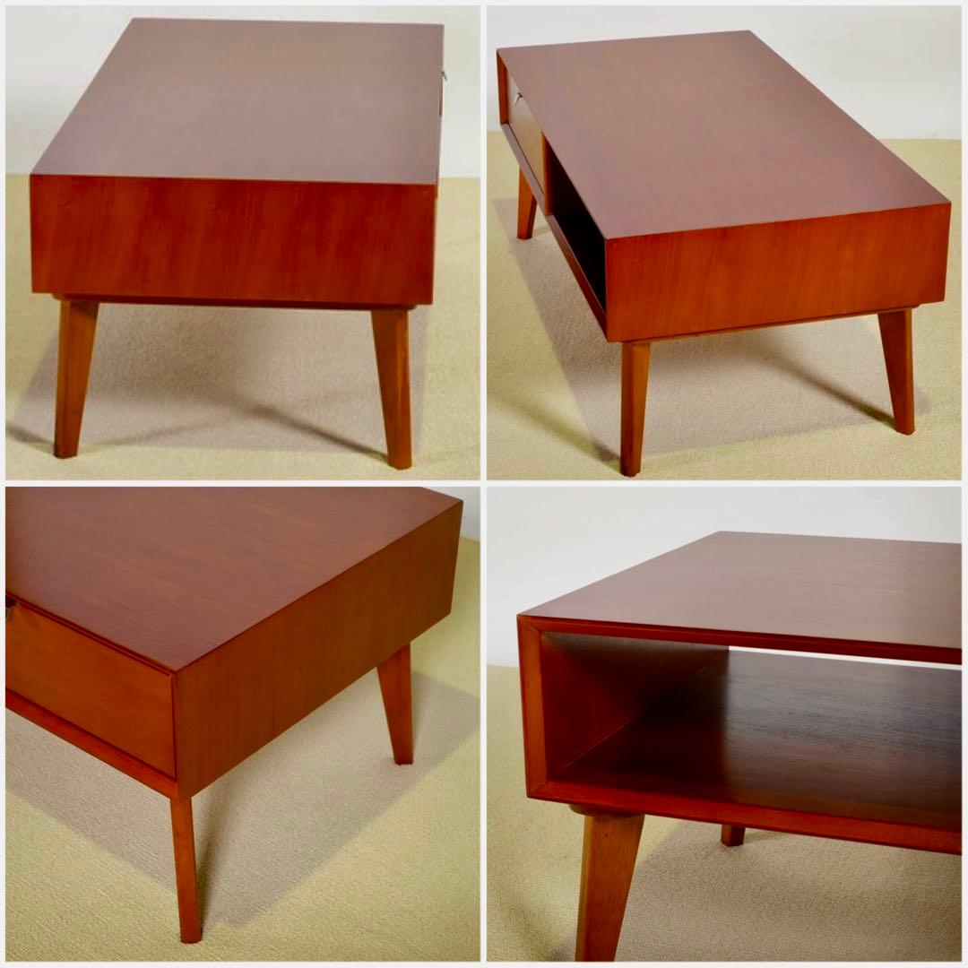 N 新品 北欧 センターテーブル ローテーブル 木製 机 座卓 引き出し 赤茶色
