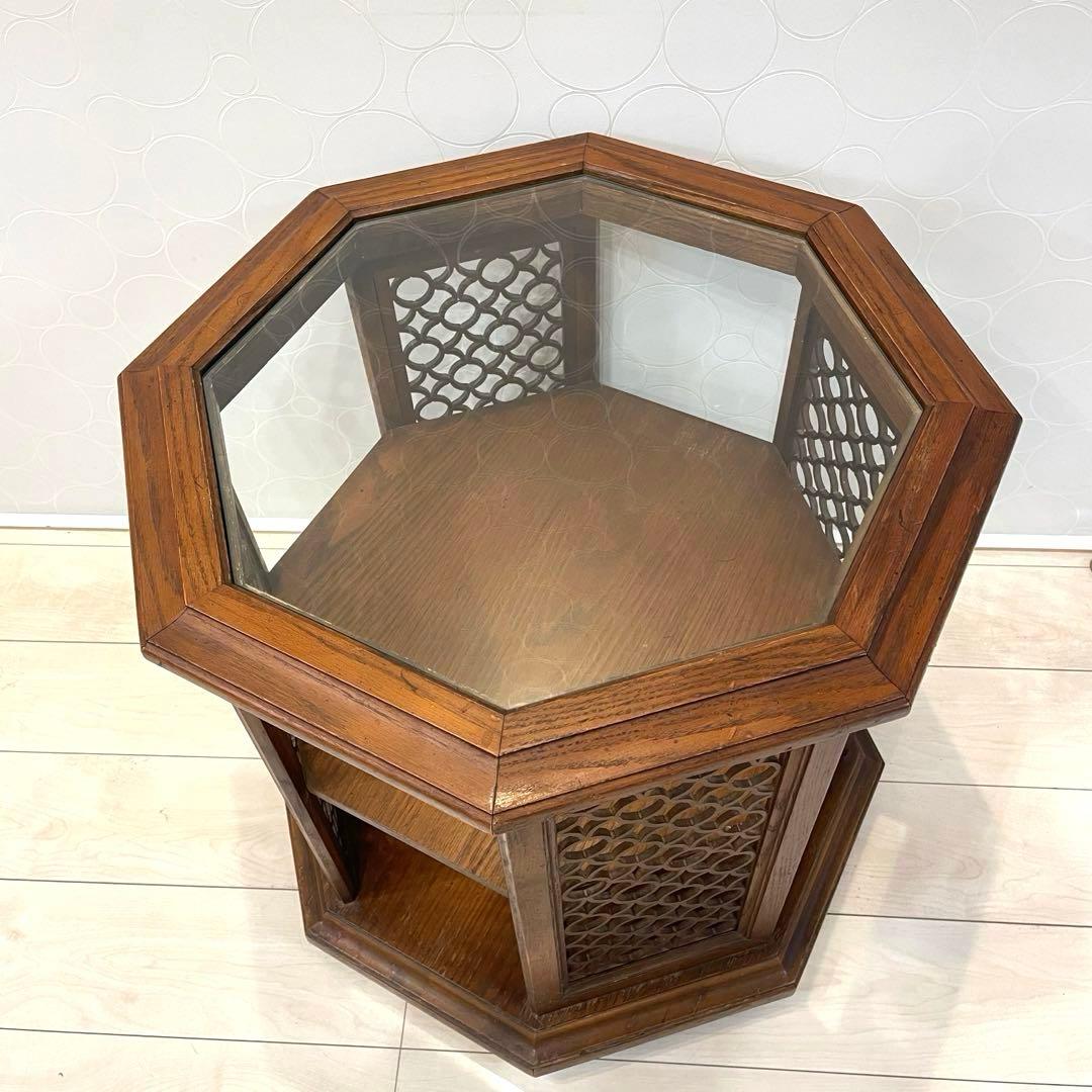 【希少】八角形 ガラス天板 サイドテーブル 高級 ヴィンテージ　キャスター付き