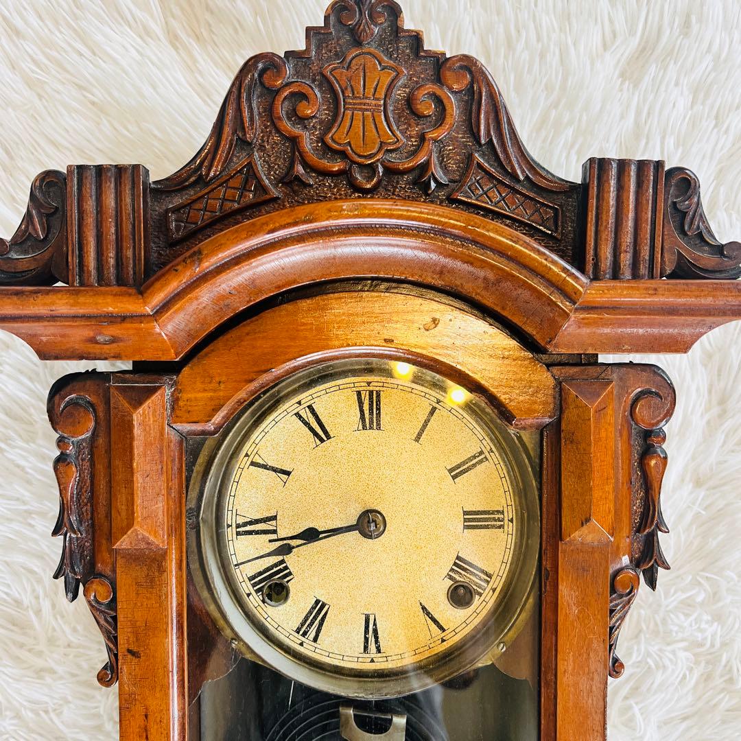 ゼンマイ式 装飾壁掛け時計 アンティーク 振り子時計 国内製 レア品