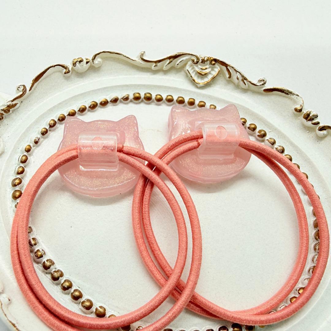 ヘアゴム 猫型 「さくら☆ねこ」 桜 花 ピンク ラメ入り レジン