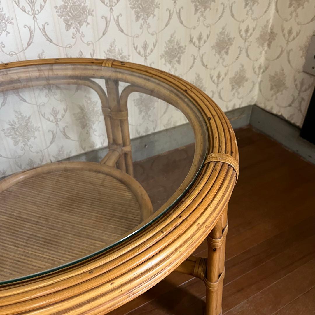 【アンティーク】籐 ラタンセンターテーブル コーヒーテーブル 円卓 ガラス天板