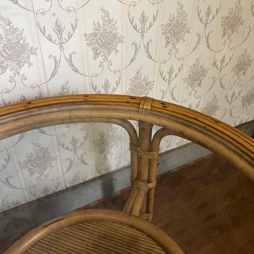 【アンティーク】籐 ラタンセンターテーブル コーヒーテーブル 円卓 ガラス天板