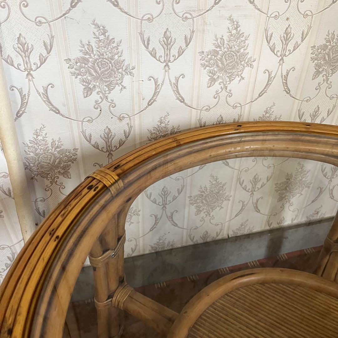 【アンティーク】籐 ラタンセンターテーブル コーヒーテーブル 円卓 ガラス天板