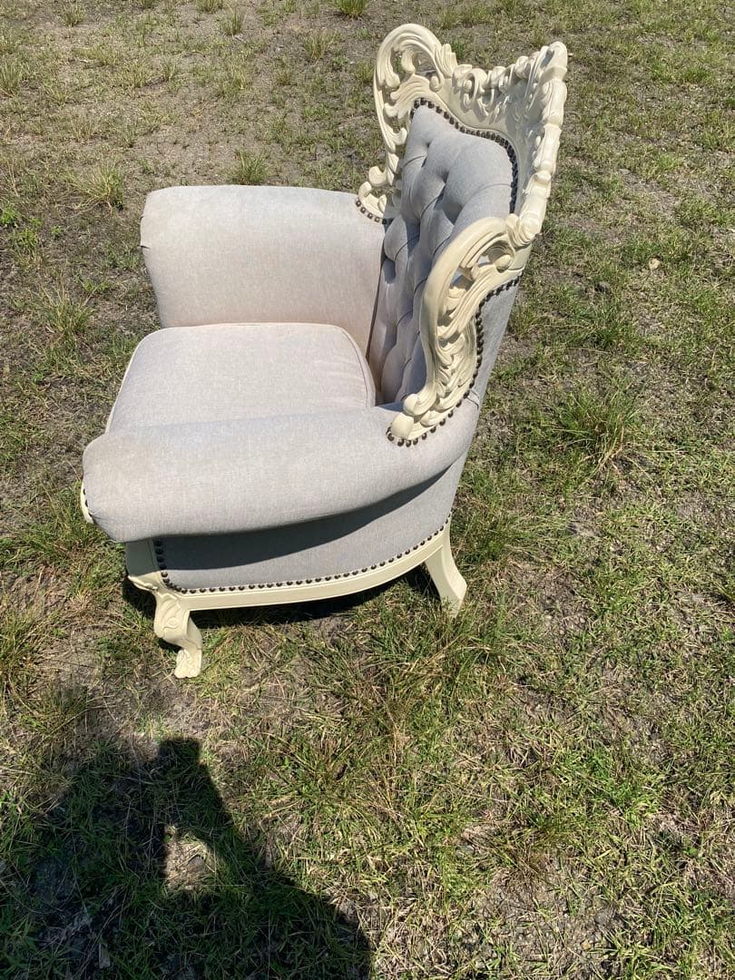 姫系　グレー　ホワイト　ロココ調　アンティーク調　猫足　1人掛けソファ