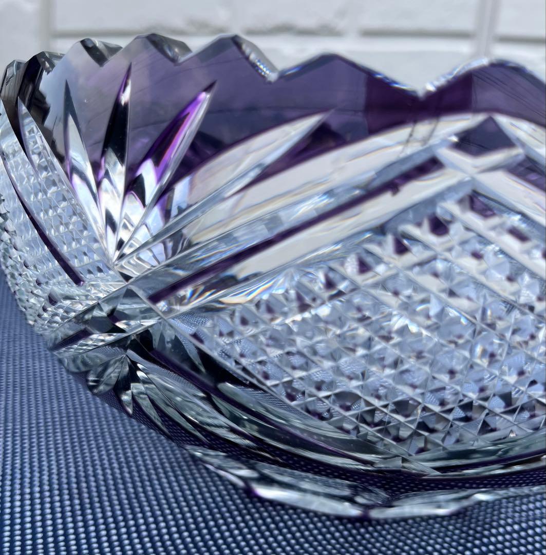 切子ガラス　紫被せ　ボウル　アンティーク