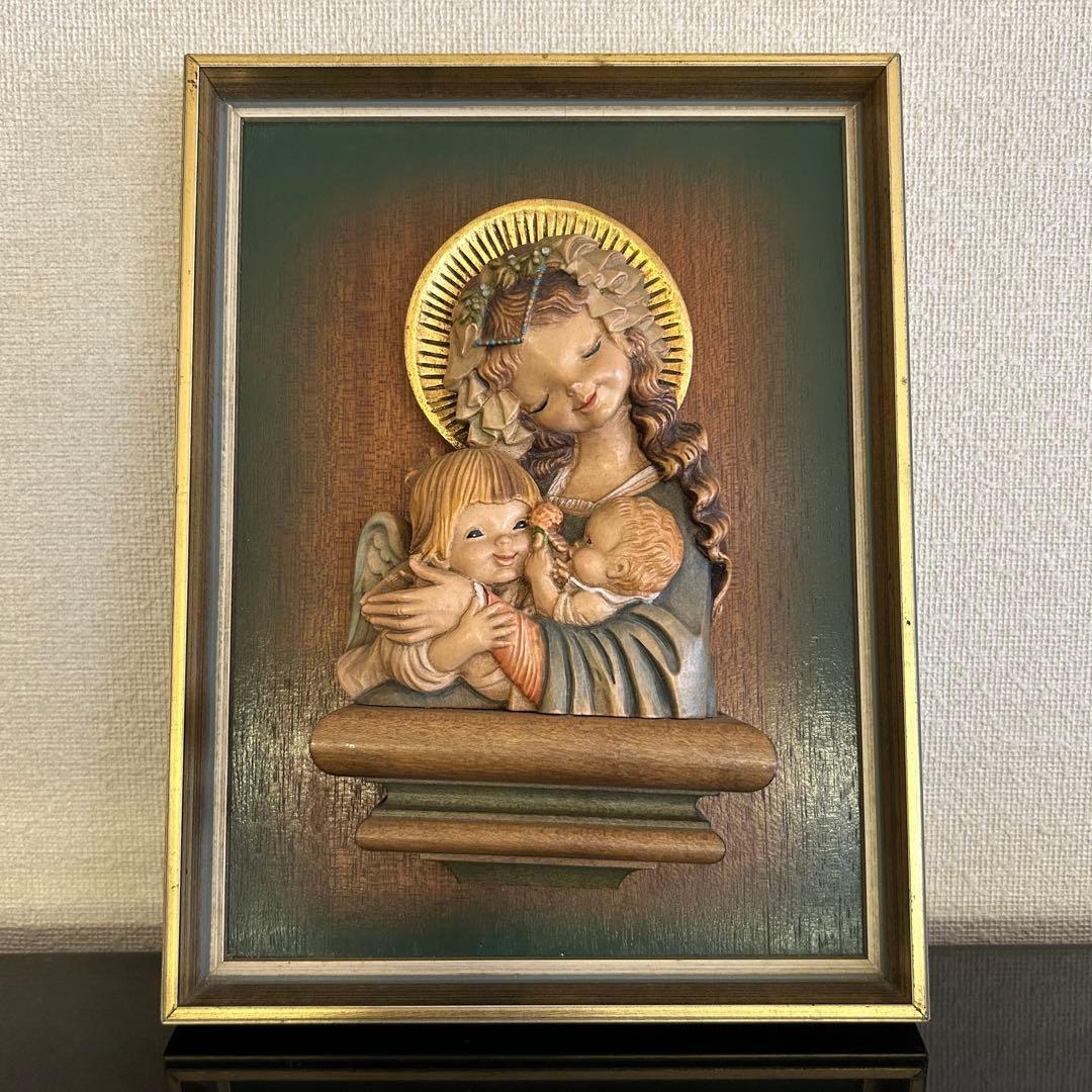 稀【聖母子と天使の壁掛け】ANRI アンリ人形　アンリ木彫り　母の日　クリスマス