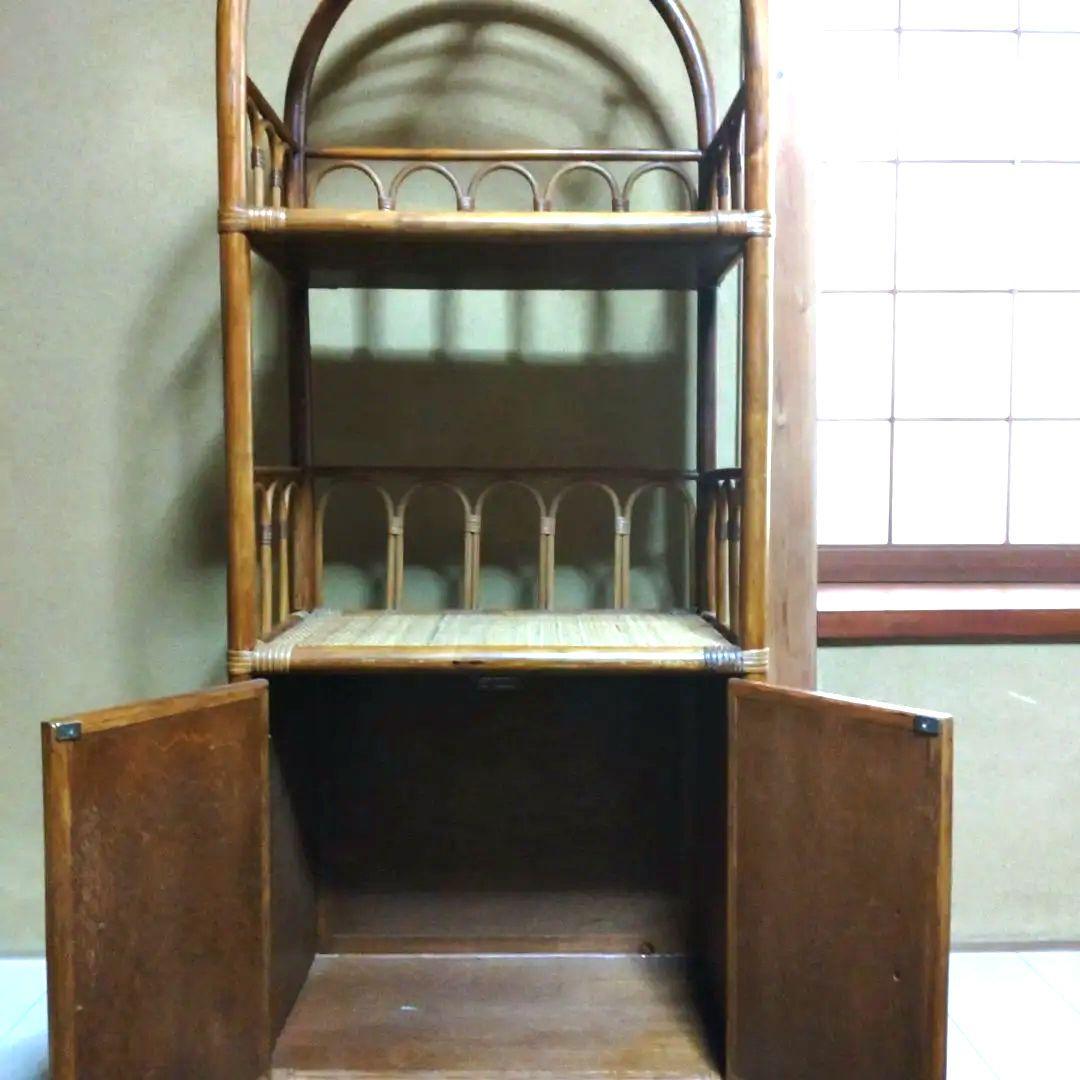 籐 ラタン 3段ラック 扉付き収納 昭和レトロ