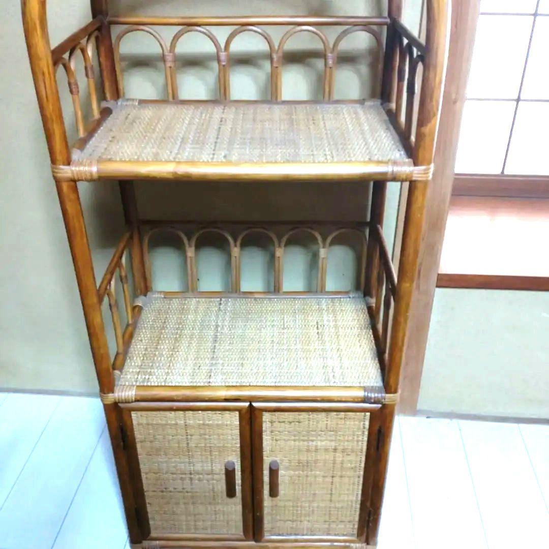 籐 ラタン 3段ラック 扉付き収納 昭和レトロ