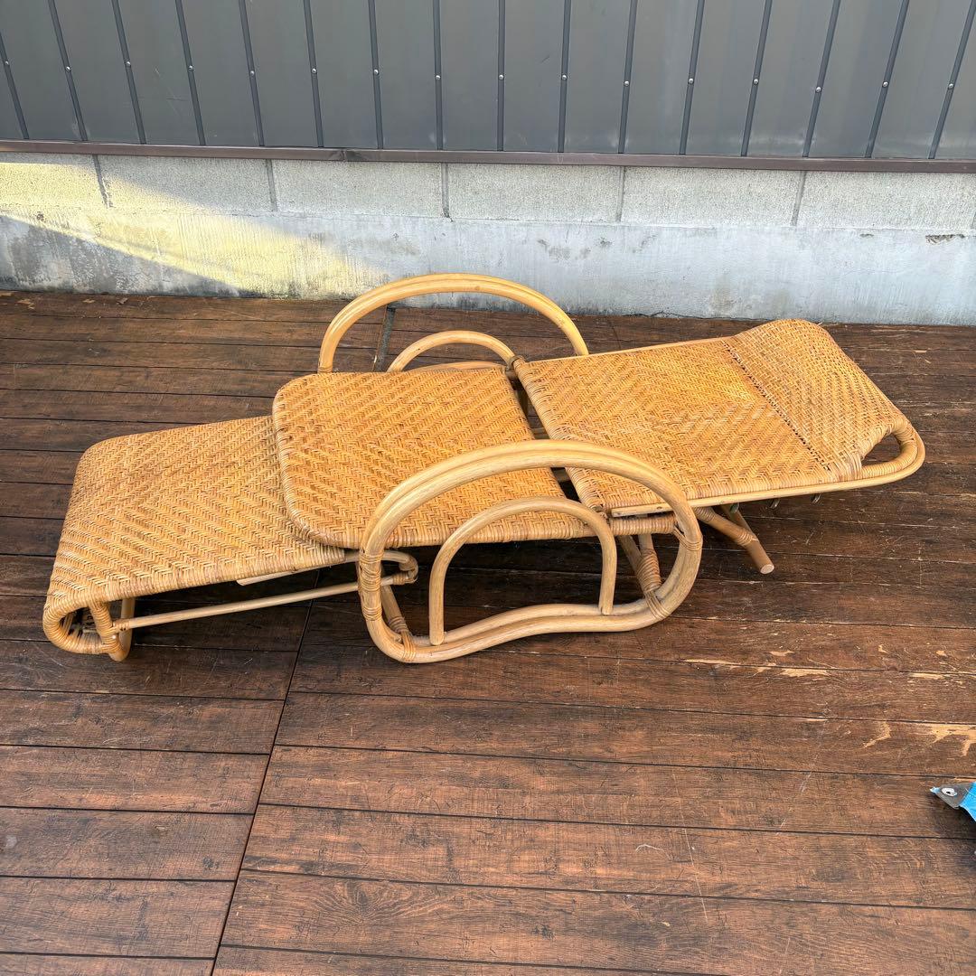 ②昭和レトロ ラタンリクライニングチェア オットマン付き 籐家具 1人掛けソファ