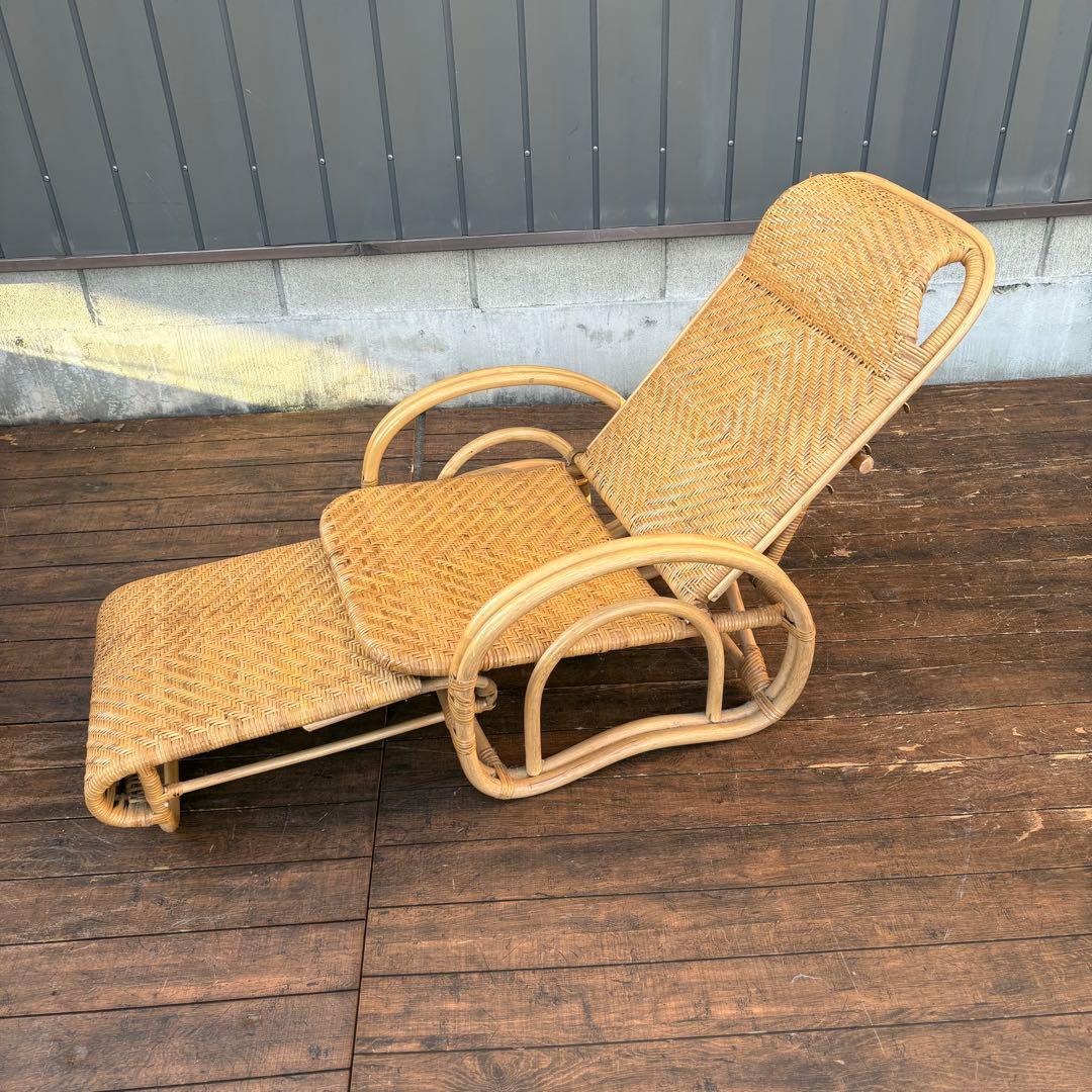 ②昭和レトロ ラタンリクライニングチェア オットマン付き 籐家具 1人掛けソファ