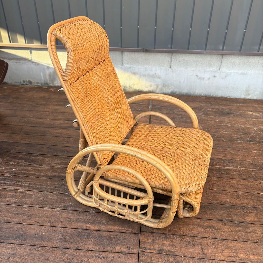 ②昭和レトロ ラタンリクライニングチェア オットマン付き 籐家具 1人掛けソファ