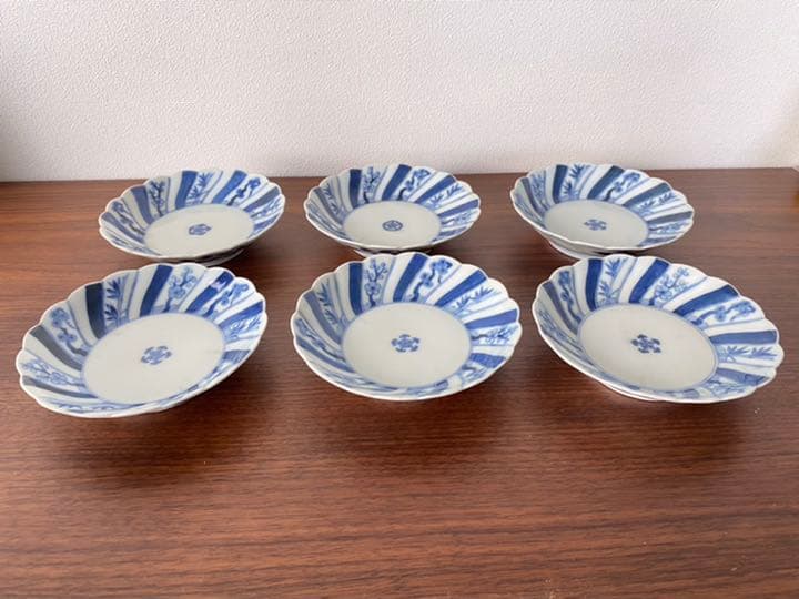 【松竹梅 五弁花】★中皿６枚揃★ 染付 渦福 角福 藍柿 骨董 アンティーク