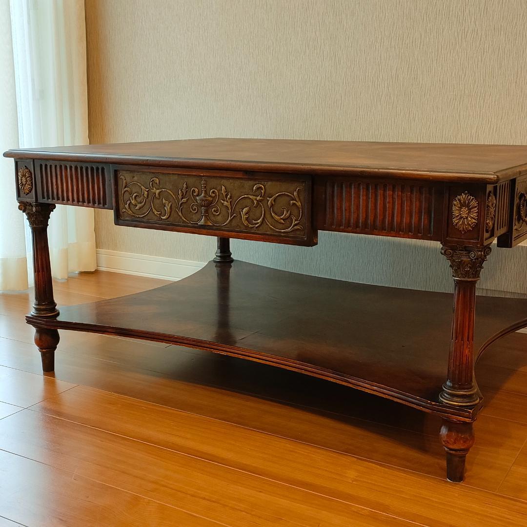 アンティーク　センターテーブル　コーヒーテーブル　引出し2杯　象嵌