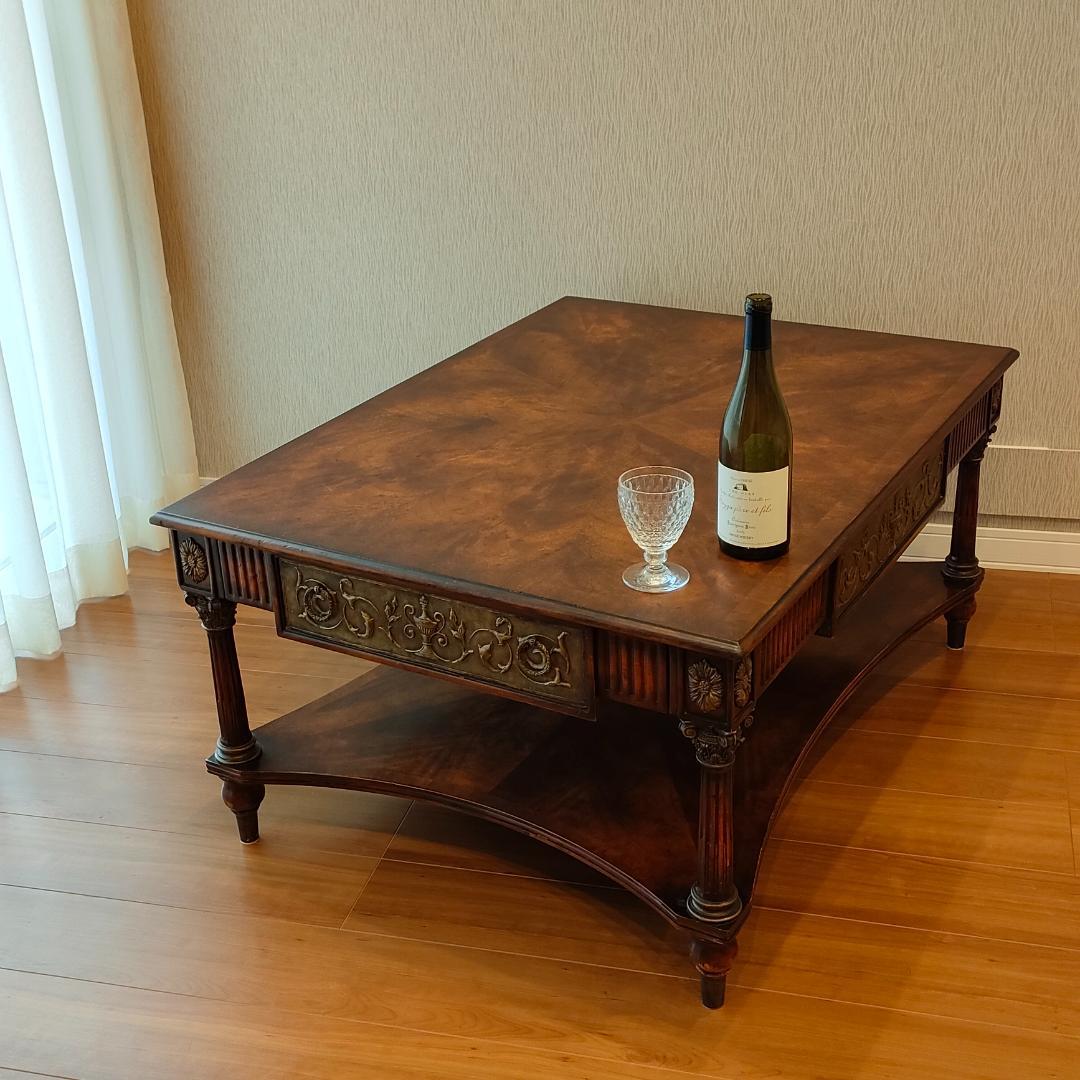 アンティーク　センターテーブル　コーヒーテーブル　引出し2杯　象嵌