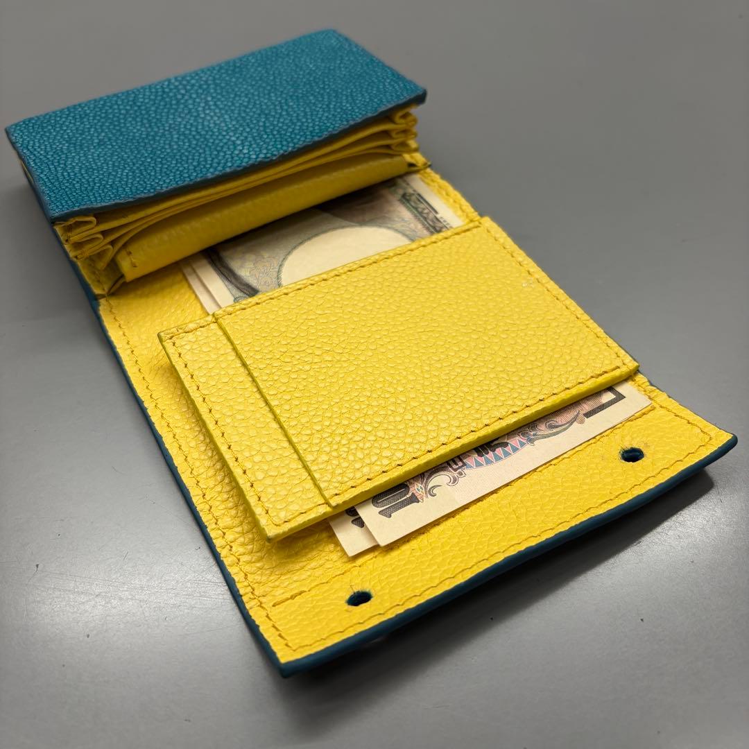 スティングレイ 折り財布 ターコイズ×イエロー エイ革 コンパクト ガルーシャ