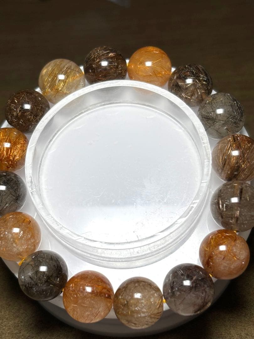 【新入荷】　ミックスタイチンルチルクォーツブレス12.9〜13.8㎜大玉（新品）