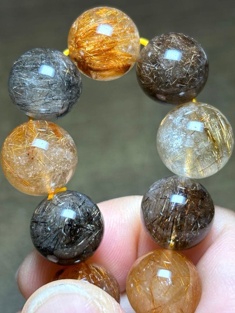 【新入荷】　ミックスタイチンルチルクォーツブレス12.9〜13.8㎜大玉（新品）