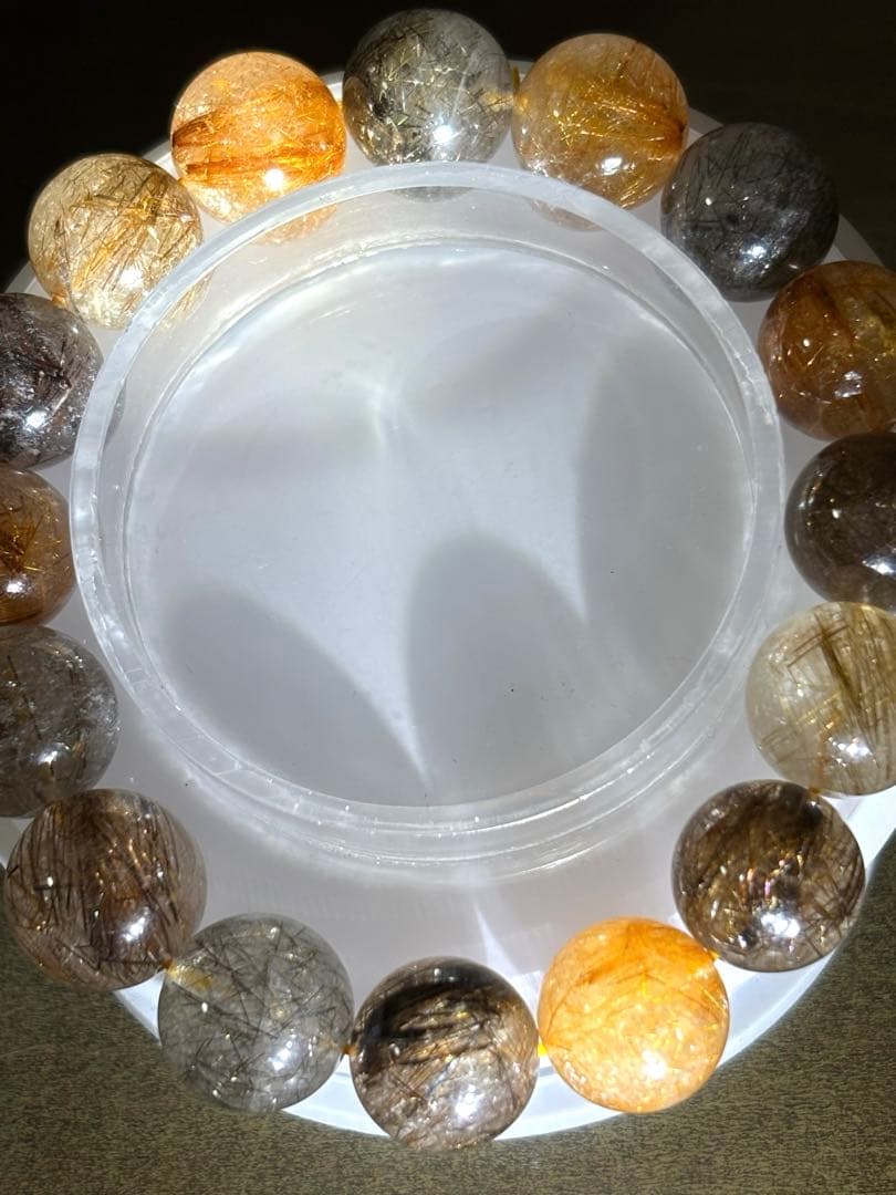 【新入荷】　ミックスタイチンルチルクォーツブレス12.9〜13.8㎜大玉（新品）