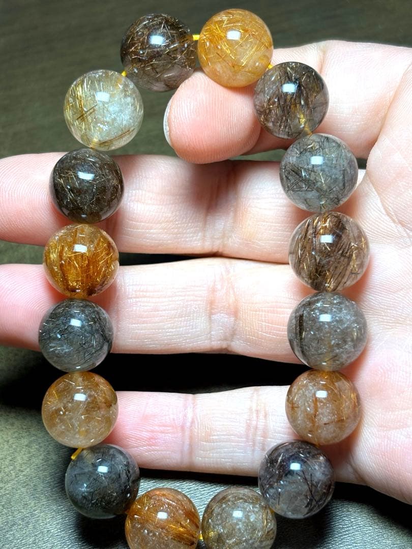 【新入荷】　ミックスタイチンルチルクォーツブレス12.9〜13.8㎜大玉（新品）
