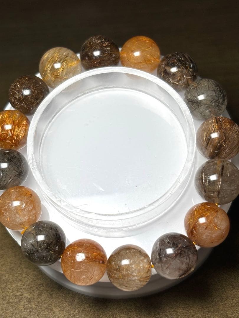 【新入荷】　ミックスタイチンルチルクォーツブレス12.9〜13.8㎜大玉（新品）