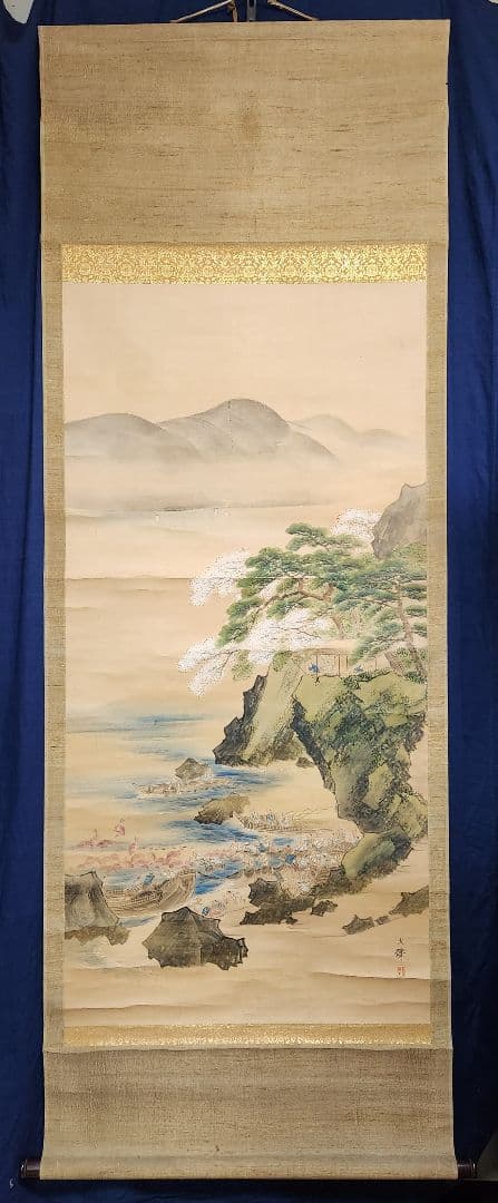 鯛大漁図】塩川文麟 987 タイ網漁 掛け軸 肉筆