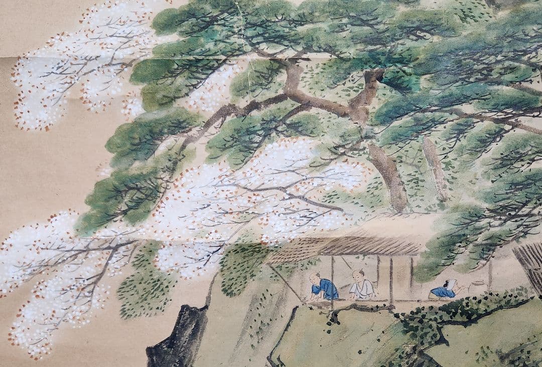 鯛大漁図】塩川文麟 987 タイ網漁 掛け軸 肉筆