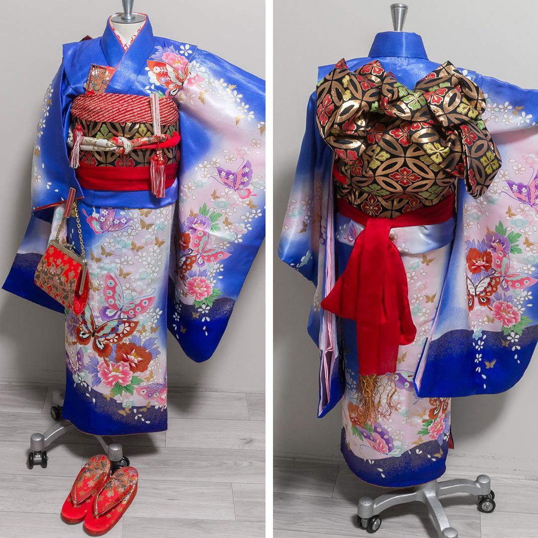 ぴ*ち様 【七五三7歳女の子】晴れ着フルセット・振袖一式・豪華・蝶柄×青地・７歳